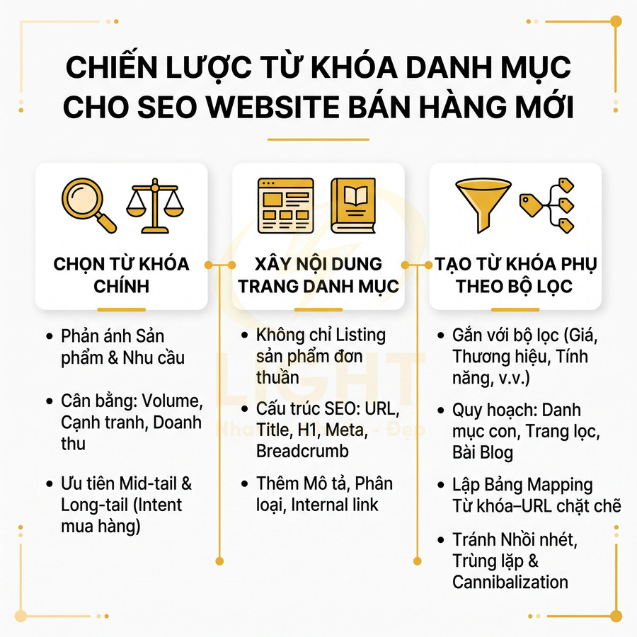 Chiến lược từ khóa danh mục cho SEO website bán hàng mới với ba bước tối ưu nội dung và bộ lọc
