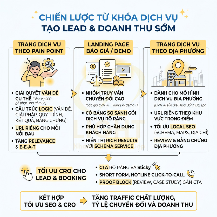 Chiến lược từ khóa dịch vụ tạo lead và doanh thu sớm với trang dịch vụ, landing page báo giá và trang địa phương