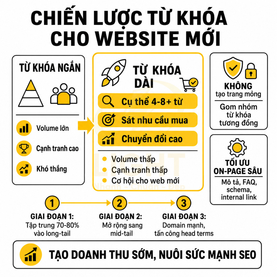 Infographic chiến lược từ khóa cho website mới, tập trung khai thác từ khóa dài để tăng chuyển đổi và SEO