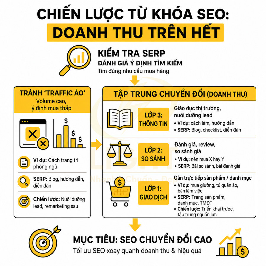 Chiến lược từ khóa SEO tập trung doanh thu, tránh traffic ảo và ưu tiên từ khóa chuyển đổi cao