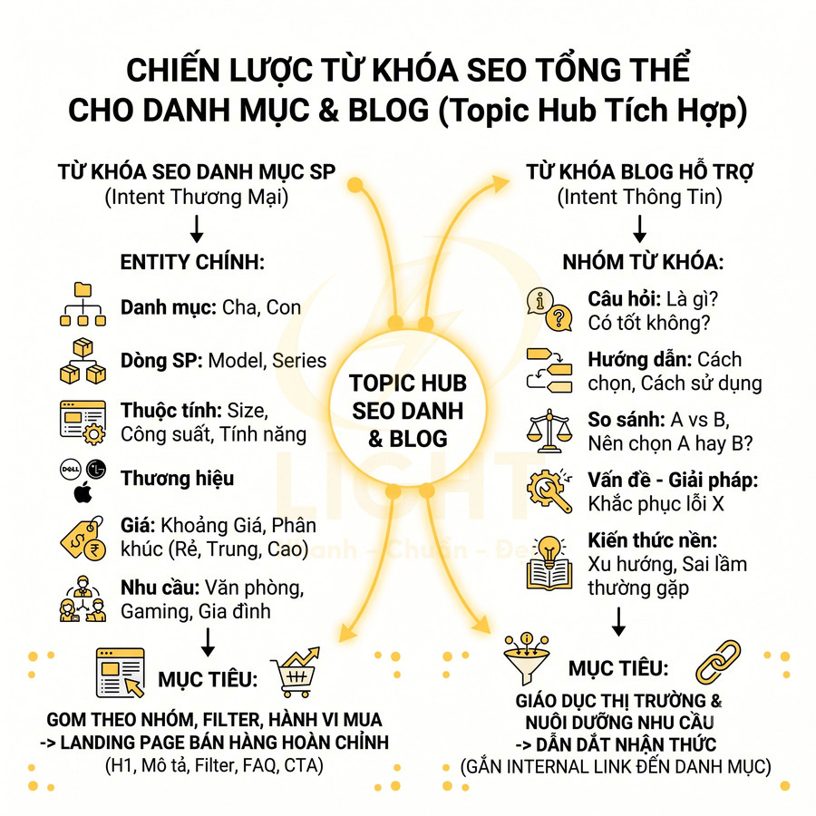 Chiến lược từ khóa SEO tổng thể cho danh mục và blog với topic hub, nhóm từ khóa sản phẩm và bài viết hỗ trợ