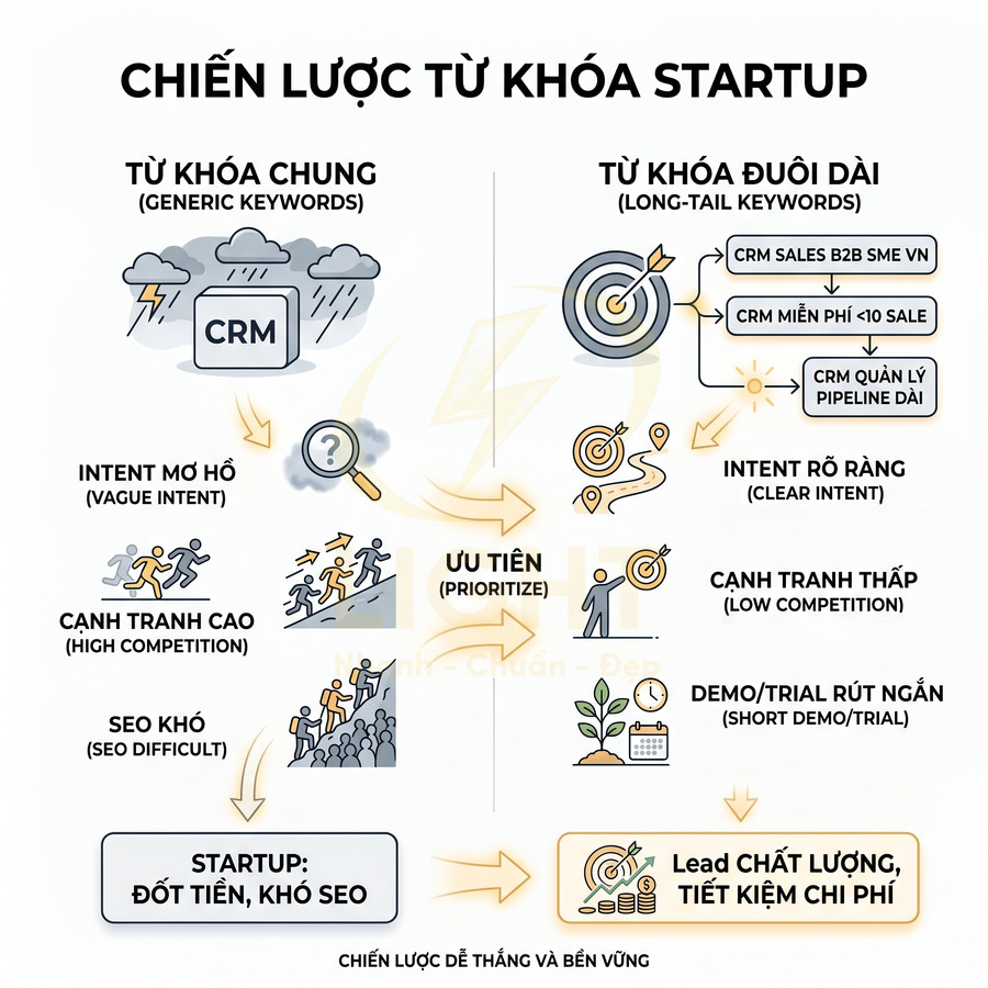 Chiến lược từ khóa startup so sánh từ khóa chung và từ khóa đuôi dài để tối ưu lead chất lượng và chi phí SEO