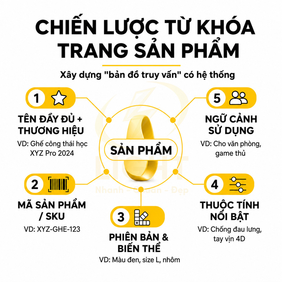 Chiến lược từ khóa trang sản phẩm với các yếu tố tên thương hiệu, mã SKU, phiên bản, thuộc tính và ngữ cảnh sử dụng