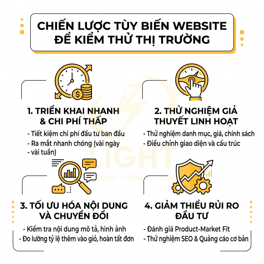 Chiến lược tùy biến website để kiểm thử thị trường với 4 bước triển khai nhanh, thử nghiệm linh hoạt, tối ưu nội dung và giảm rủi ro