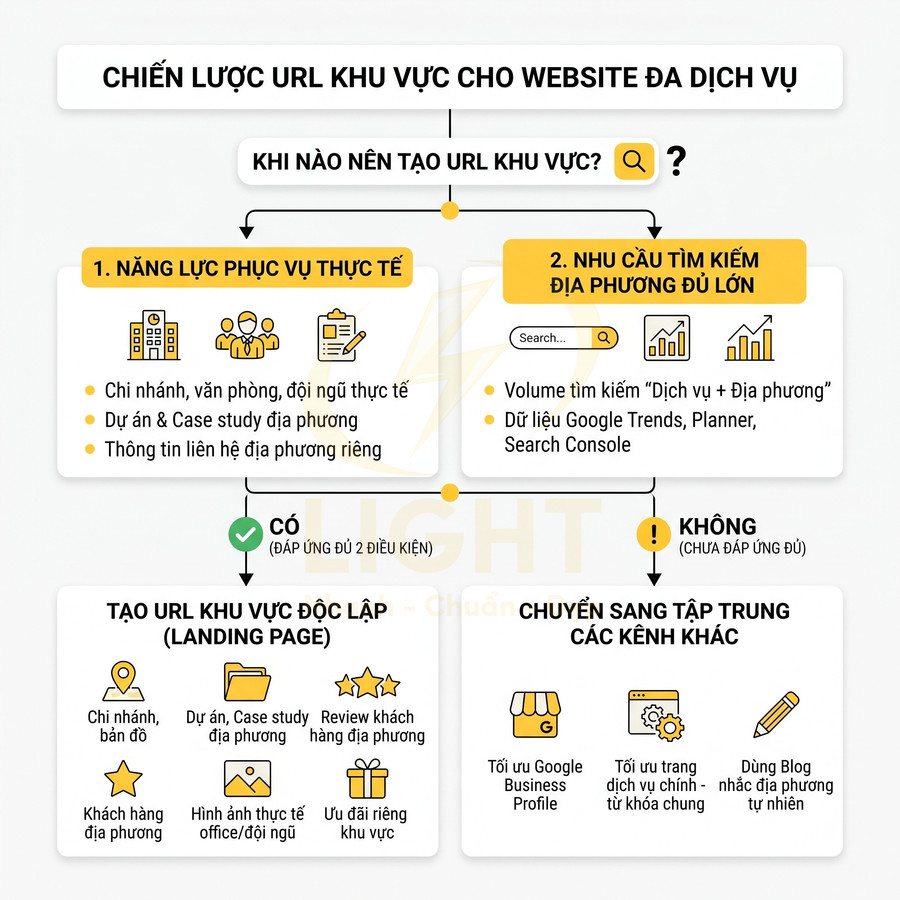 Sơ đồ chiến lược tạo URL khu vực cho website đa dịch vụ dựa trên năng lực phục vụ và nhu cầu tìm kiếm địa phương