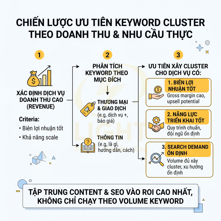 Chiến lược ưu tiên keyword cluster theo doanh thu và nhu cầu thực cho dịch vụ SEO content