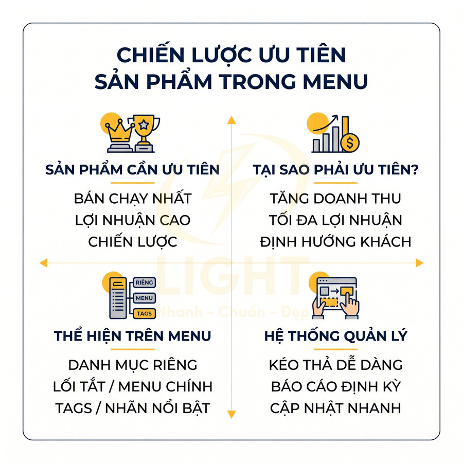 Chiến lược ưu tiên sản phẩm trong menu với tiêu chí chọn sản phẩm, lý do ưu tiên, cách hiển thị và quản lý hệ thống