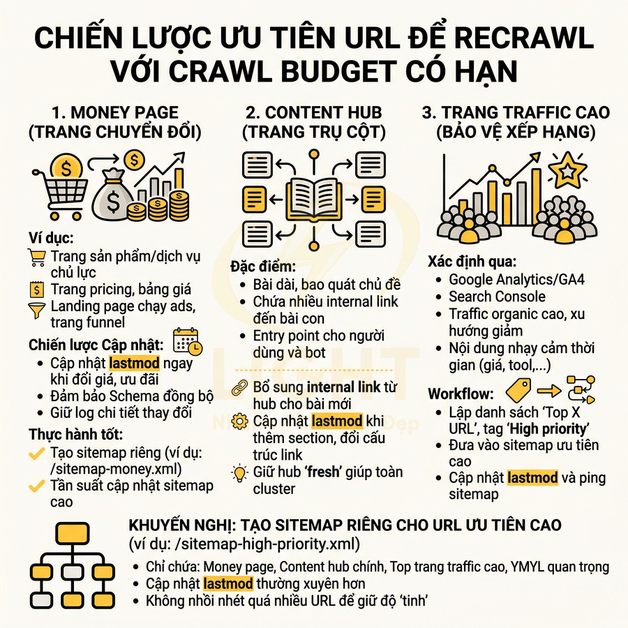 Chiến lược ưu tiên URL để recrawl với crawl budget có hạn, tập trung money page, content hub và trang traffic cao