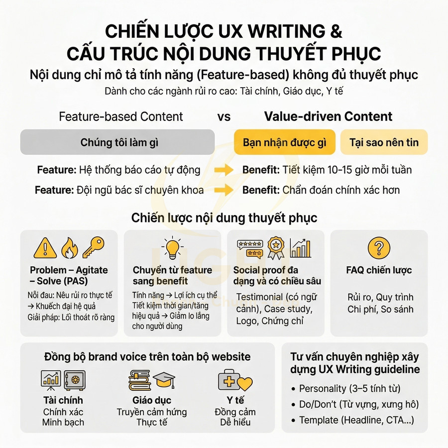 Chiến lược UX writing và cấu trúc nội dung thuyết phục, so sánh feature-based và value-driven content