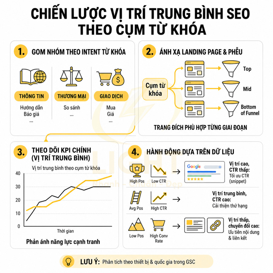 Chiến lược tối ưu vị trí trung bình SEO theo cụm từ khóa với các bước gom nhóm, ánh xạ landing page và hành động dựa dữ liệu