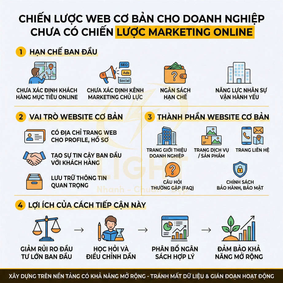 Chiến lược web cơ bản cho doanh nghiệp chưa có marketing online với vai trò, thành phần website và lợi ích tiếp cận ban đầu