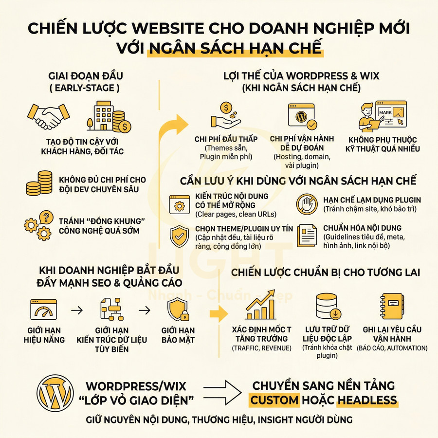 Chiến lược xây dựng website cho doanh nghiệp mới với ngân sách hạn chế dùng WordPress hoặc Wix
