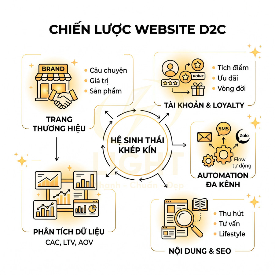 Sơ đồ chiến lược website D2C với hệ sinh thái khép kín, trang thương hiệu, dữ liệu, nội dung SEO và automation