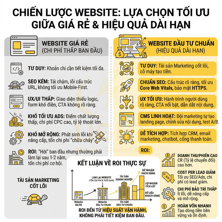 So sánh website giá rẻ và website đầu tư chuẩn về SEO, UX, CMS, ROI và hiệu quả marketing dài hạn