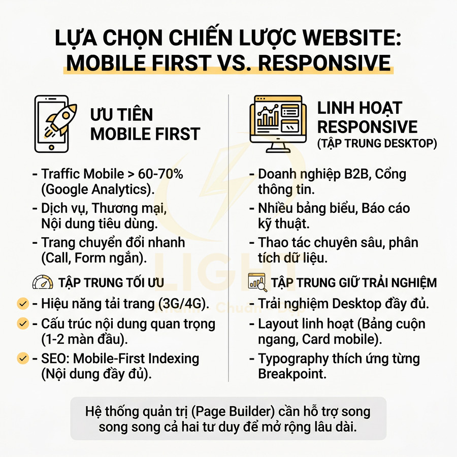 Infographic so sánh chiến lược thiết kế website mobile first và responsive, nêu ưu tiên tối ưu hiệu năng và trải nghiệm người dùng