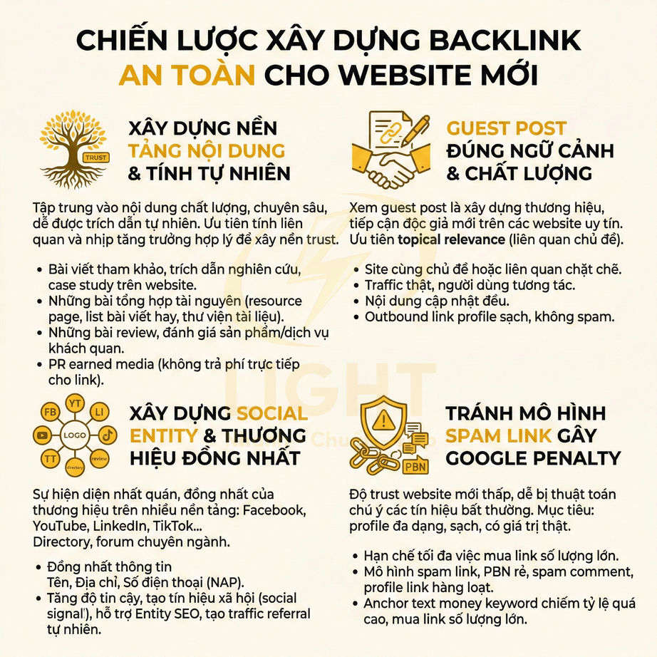 Infographic chiến lược xây dựng backlink an toàn cho website mới với các bước tối ưu SEO và tránh spam link