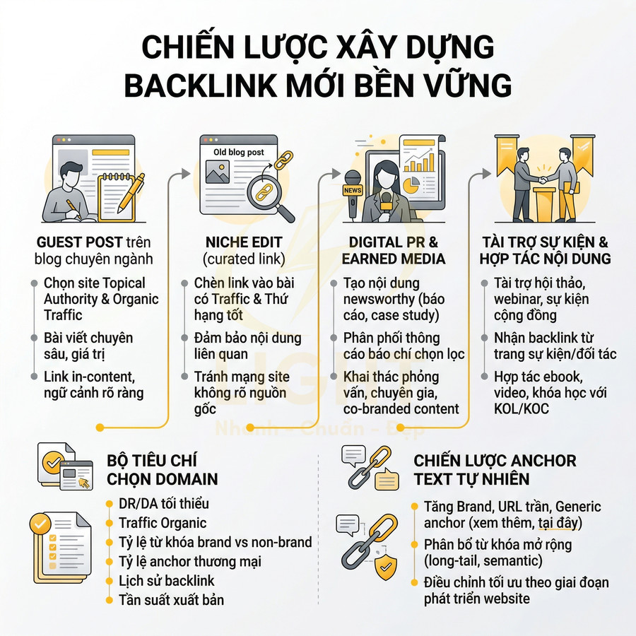 Infographic chiến lược xây dựng backlink bền vững với các phương pháp guest post, niche edit, digital PR và tài trợ sự kiện