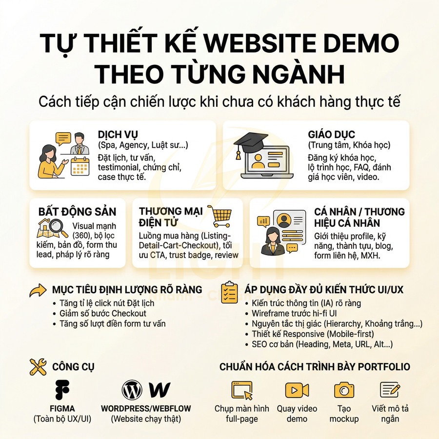 Chiến lược xây dựng website demo cho portfolio với quy trình UI UX và công cụ thiết kế, trình bày rõ từng ngành nghề