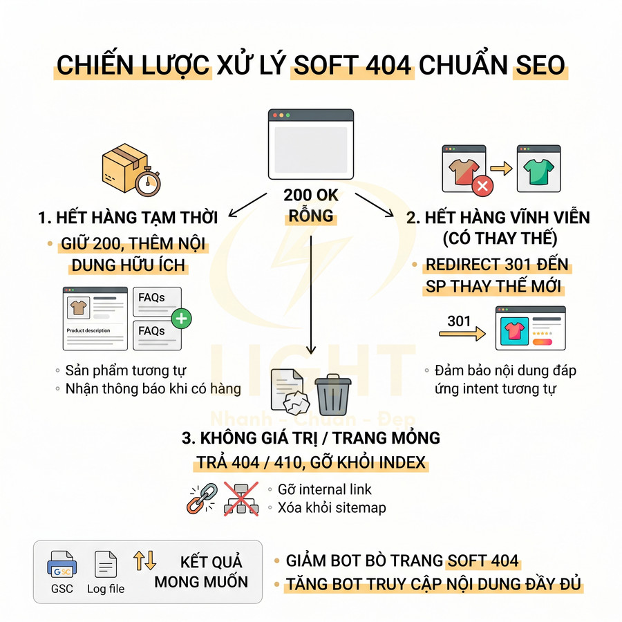 Chiến lược xử lý lỗi soft 404 chuẩn SEO với các bước cho sản phẩm hết hàng và trang không giá trị