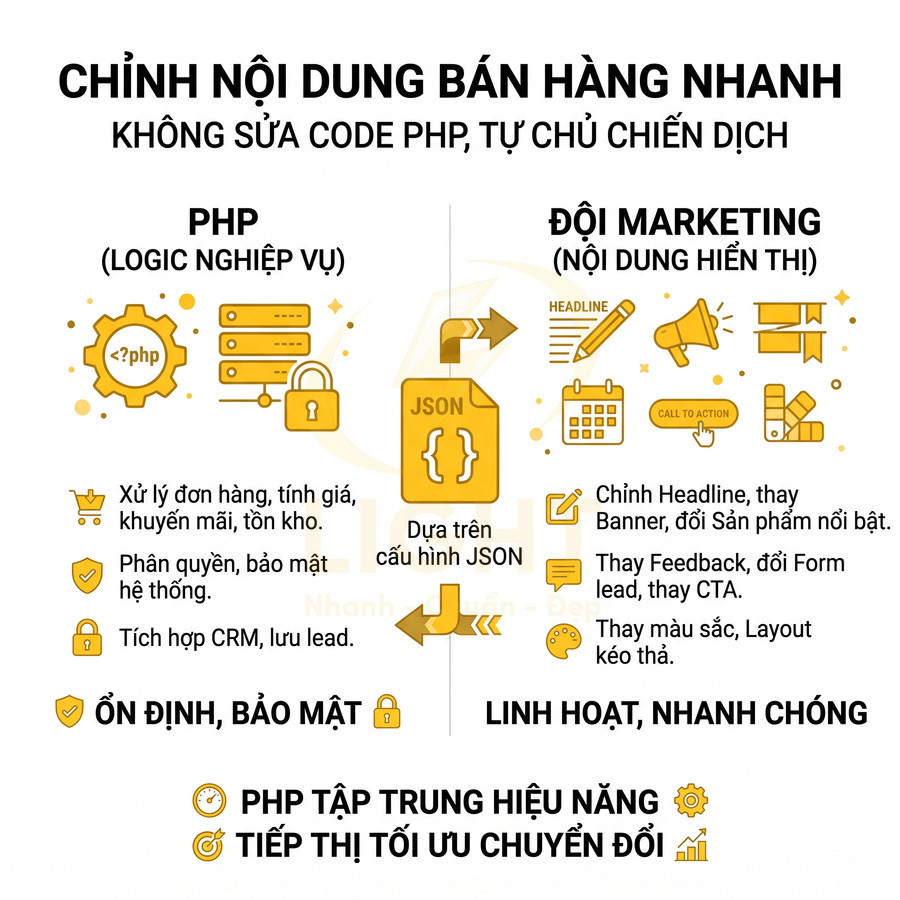 Mô hình tách PHP và đội marketing chỉnh nội dung bán hàng nhanh dựa trên cấu hình JSON
