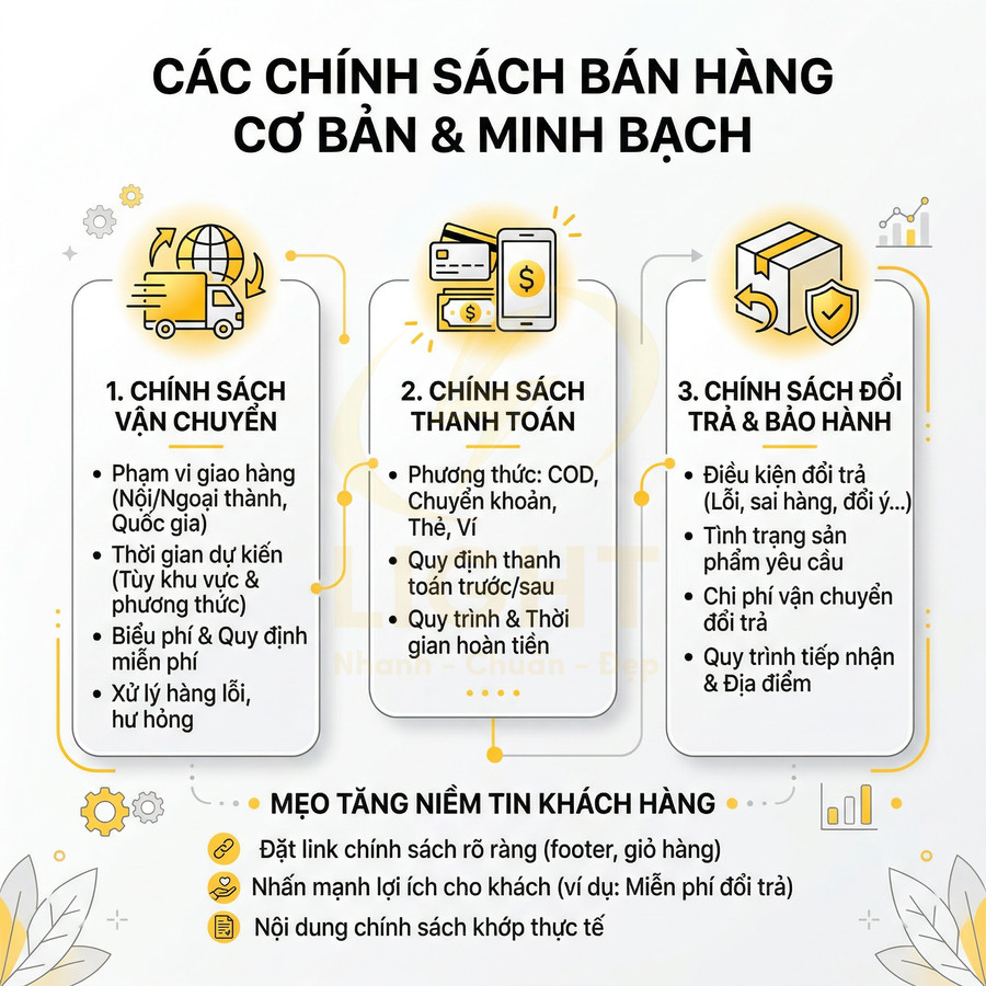 Các chính sách bán hàng cơ bản và minh bạch về vận chuyển, thanh toán, đổi trả và mẹo tăng niềm tin khách hàng