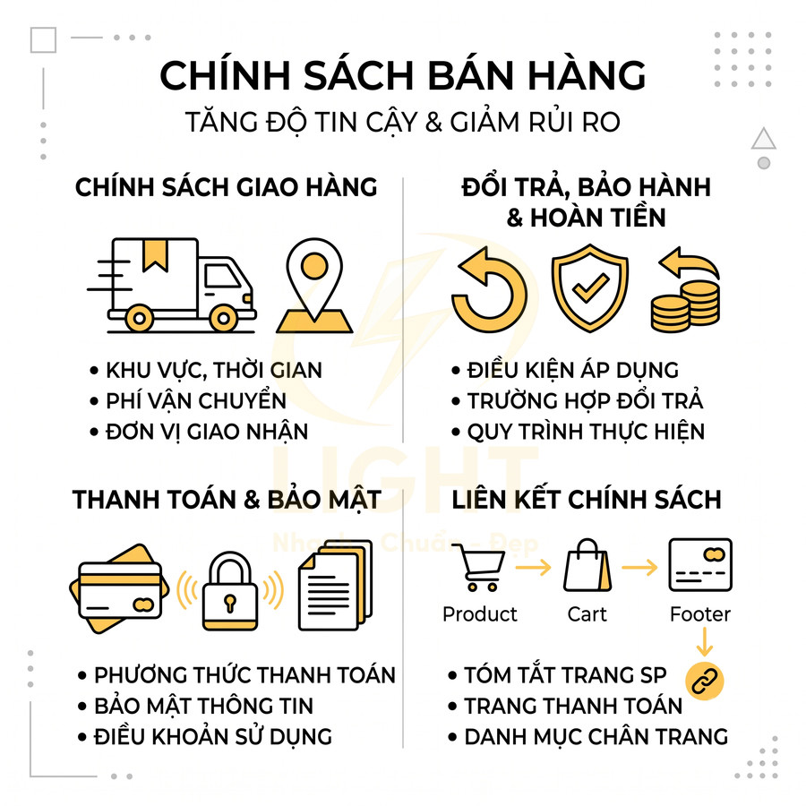 Chính sách bán hàng của shop gồm giao hàng, đổi trả bảo hành, thanh toán bảo mật và liên kết chính sách