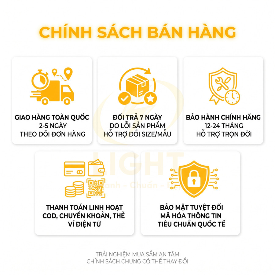 Chính sách bán hàng với giao hàng toàn quốc, đổi trả 7 ngày, bảo hành chính hãng, thanh toán linh hoạt và bảo mật thông tin