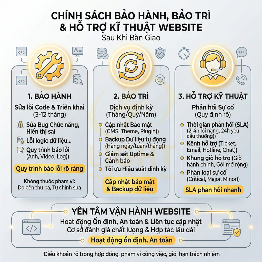 Chính sách bảo hành bảo trì và hỗ trợ kỹ thuật website sau bàn giao giúp vận hành ổn định an toàn