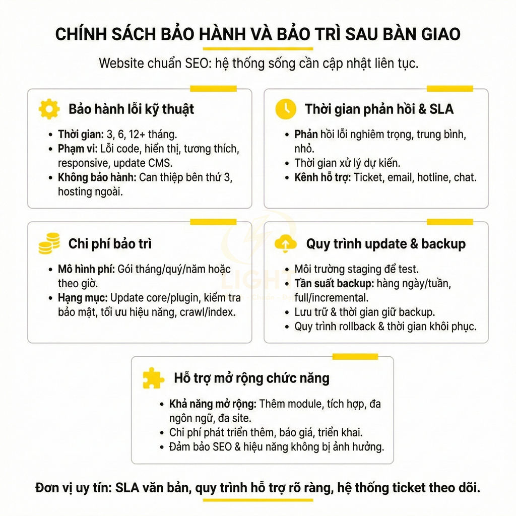 Chính sách bảo hành bảo trì website chuẩn SEO với quy trình update backup và hỗ trợ mở rộng chức năng