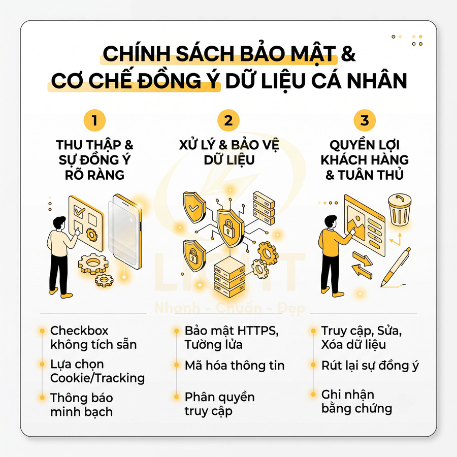 Infographic chính sách bảo mật và cơ chế đồng ý dữ liệu cá nhân với các bước thu thập xử lý và quyền khách hàng