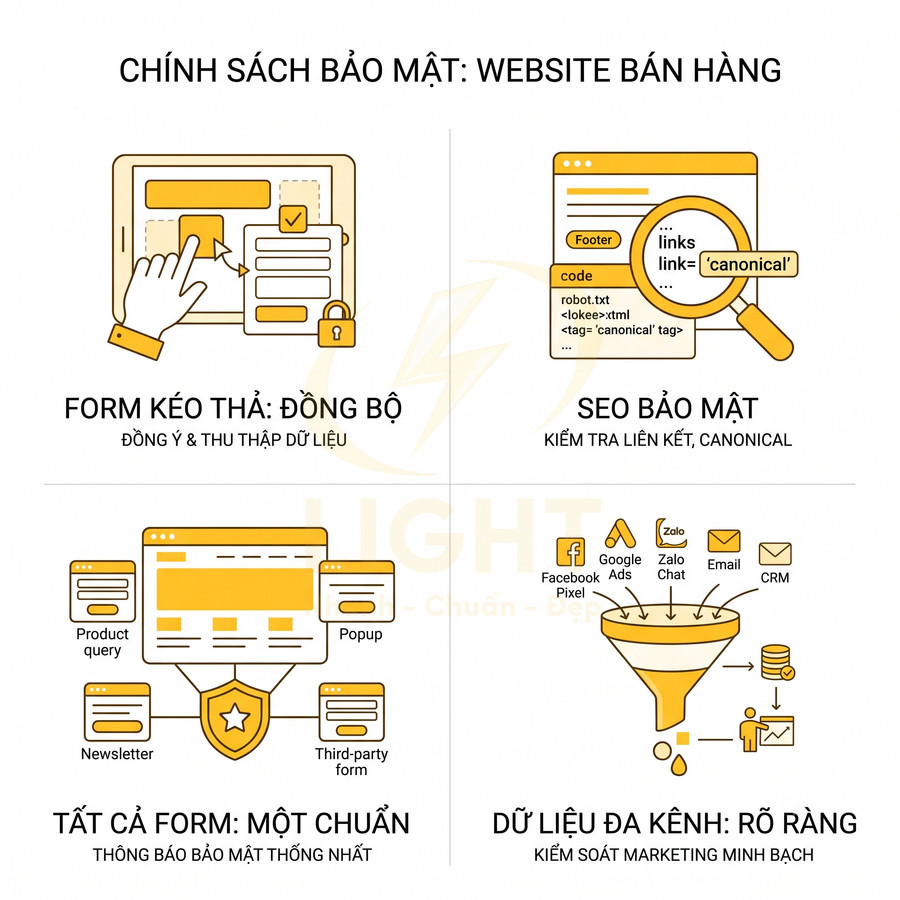 Minh họa chính sách bảo mật website bán hàng với form kéo thả, SEO bảo mật và quản lý dữ liệu đa kênh