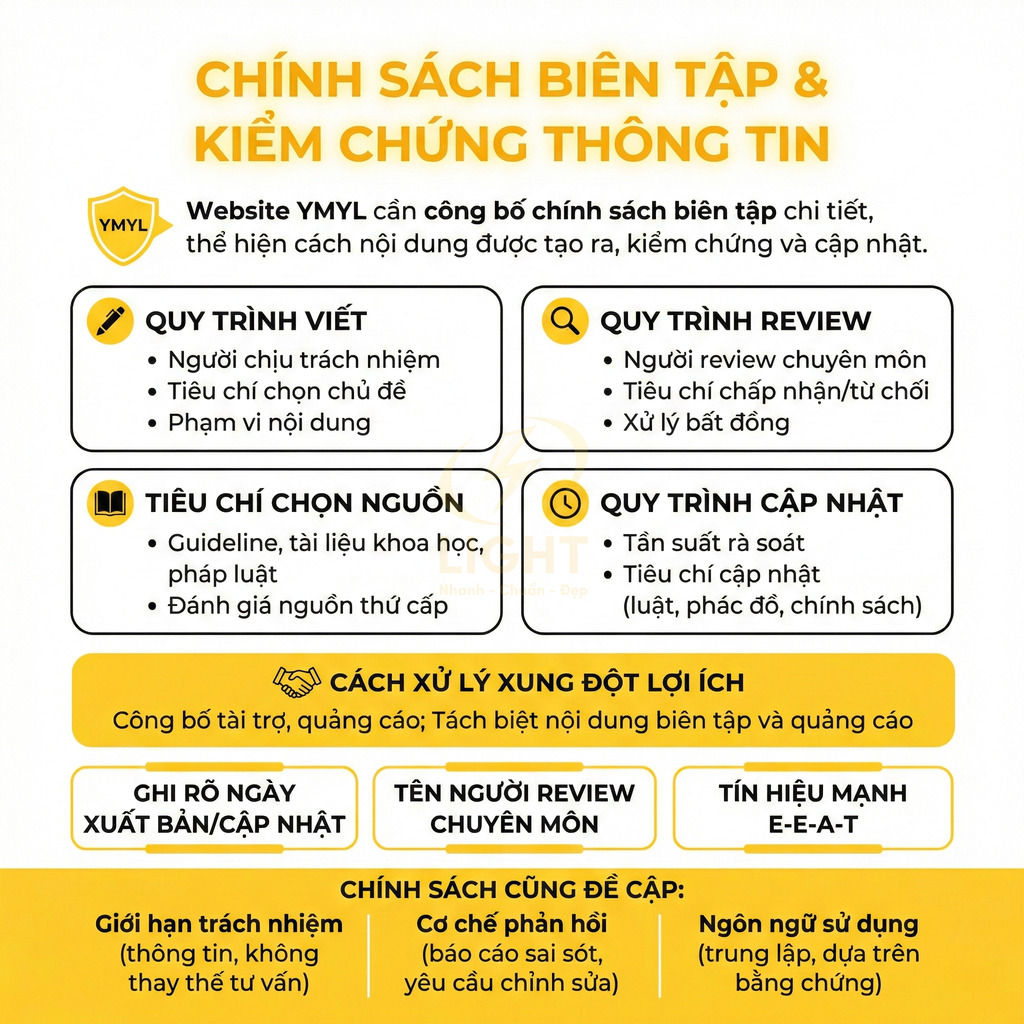 Chính sách biên tập và kiểm chứng thông tin cho website YMYL với quy trình viết, review, chọn nguồn và cập nhật nội dung