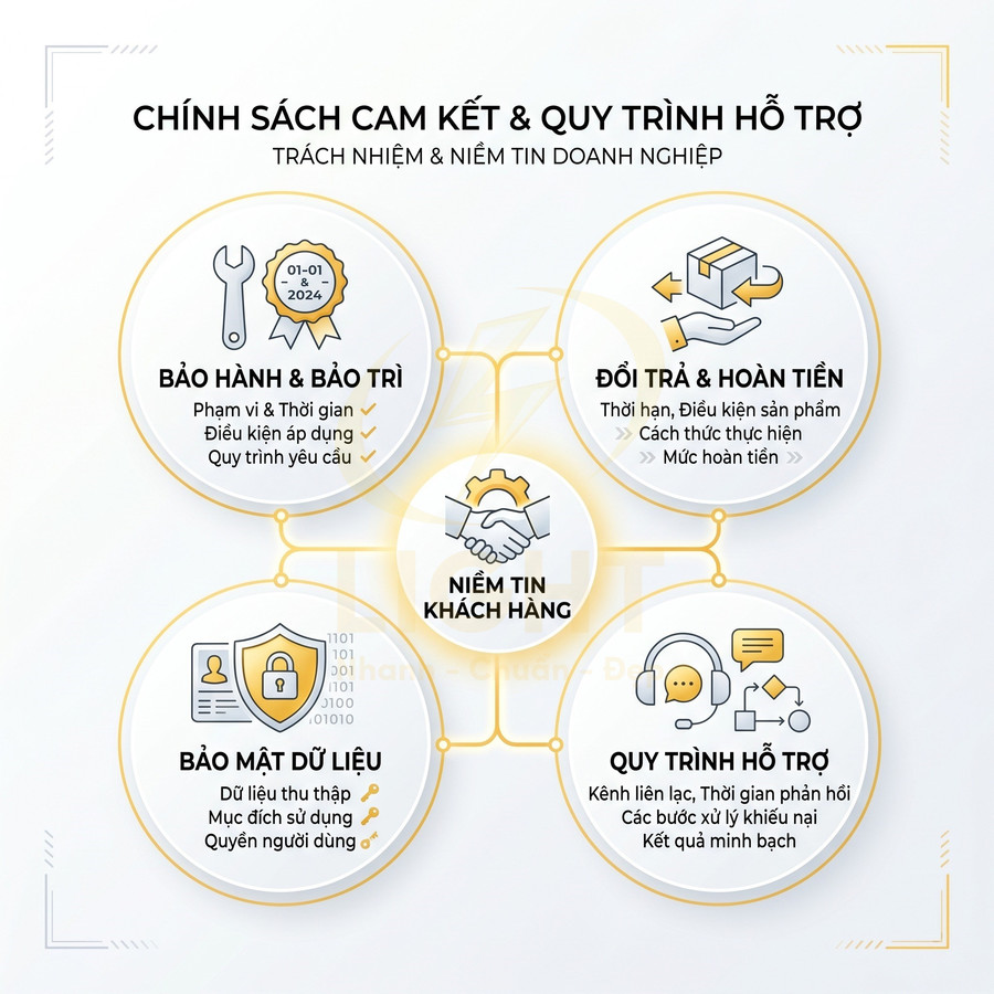 Chính sách cam kết và quy trình hỗ trợ khách hàng với bảo hành, đổi trả, bảo mật dữ liệu, chăm sóc hỗ trợ