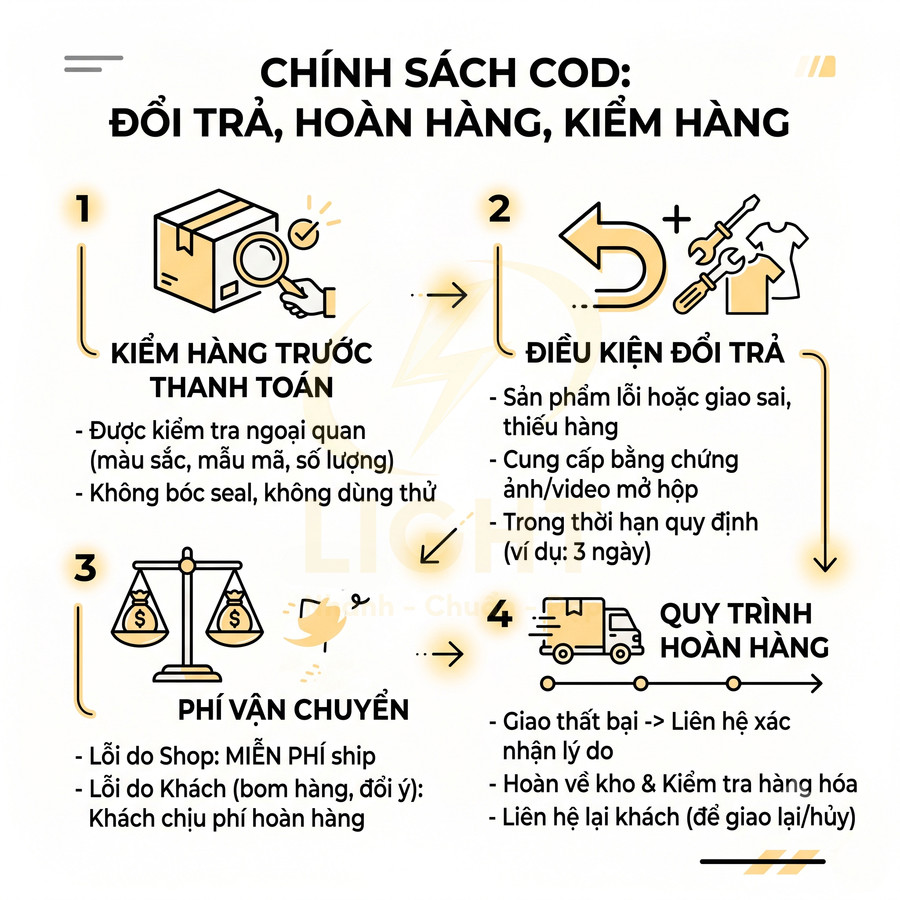 Chính sách COD đổi trả hoàn hàng kiểm hàng với hướng dẫn kiểm hàng, điều kiện đổi trả, phí vận chuyển và quy trình hoàn hàng