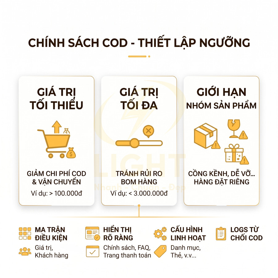 Chính sách COD thiết lập ngưỡng giá trị đơn hàng và giới hạn nhóm sản phẩm cho shop online