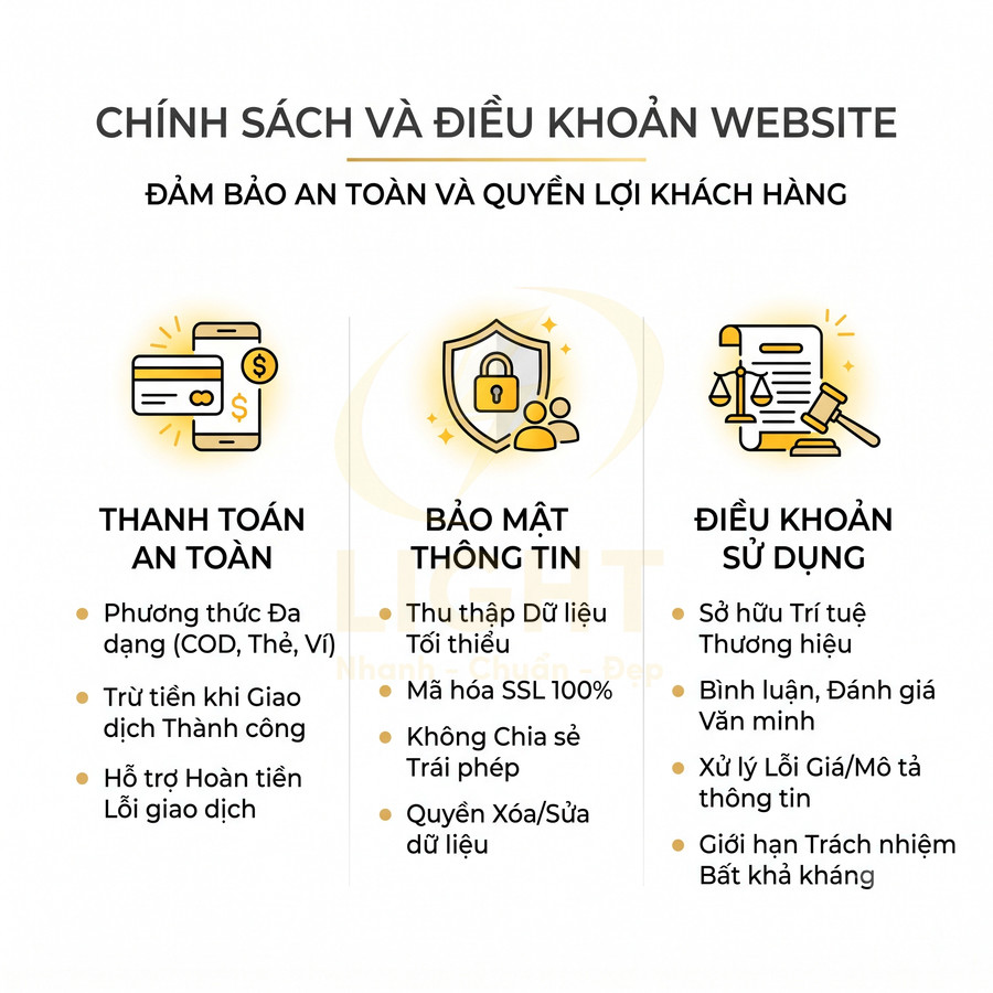 Chính sách và điều khoản website với cam kết thanh toán an toàn, bảo mật thông tin và điều khoản sử dụng rõ ràng