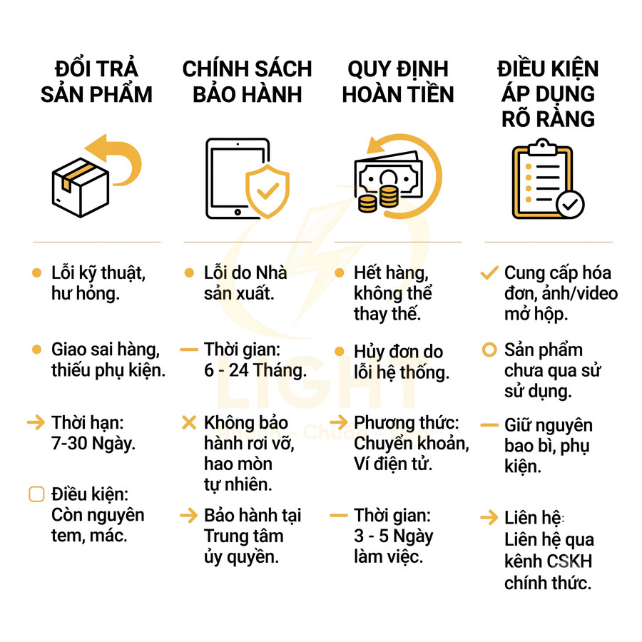 Chính sách đổi trả bảo hành hoàn tiền và điều kiện áp dụng rõ ràng cho sản phẩm điện tử