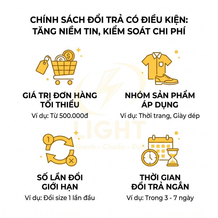 Chính sách đổi trả có điều kiện cho sản phẩm thời trang giày dép với giá trị tối thiểu và số lần đổi giới hạn