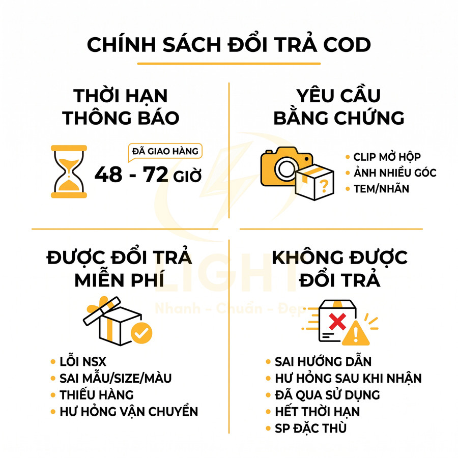 Chính sách đổi trả COD cho sản phẩm mua online với thời hạn 48 đến 72 giờ và các trường hợp được đổi trả miễn phí