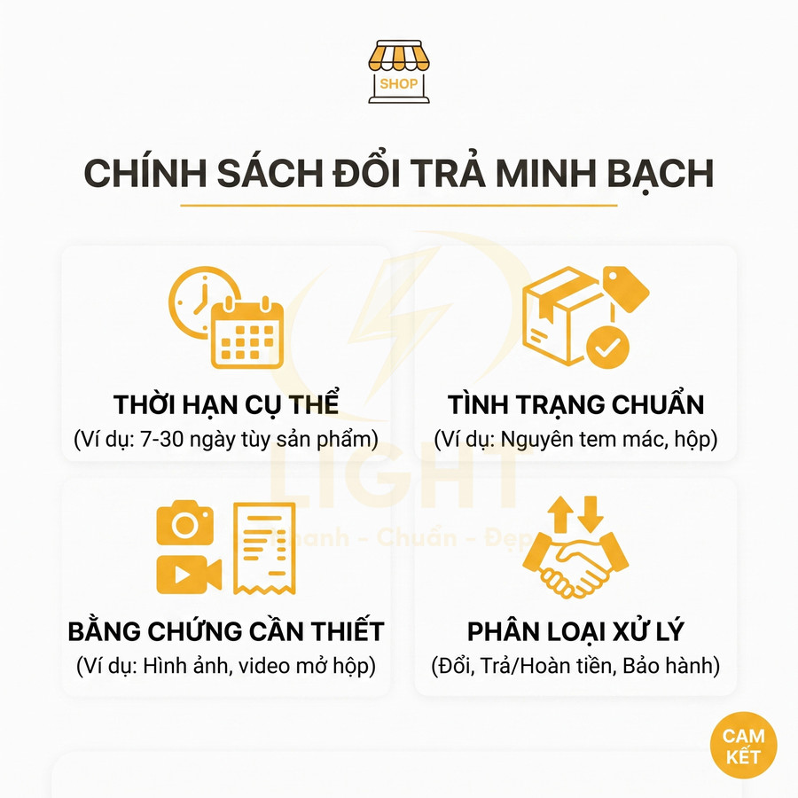 Chính sách đổi trả minh bạch của shop với thời hạn cụ thể, yêu cầu tình trạng chuẩn, bằng chứng cần thiết và phân loại xử lý