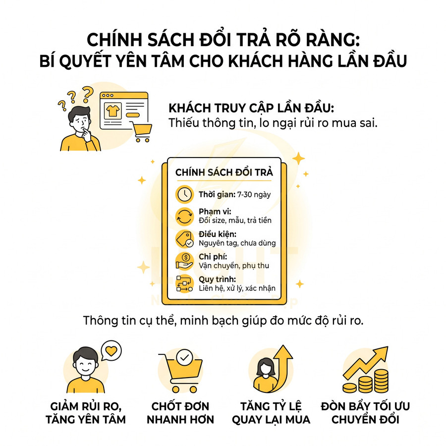 Chính sách đổi trả rõ ràng cho khách hàng mới với thời gian, phạm vi, điều kiện và lợi ích khi mua hàng online