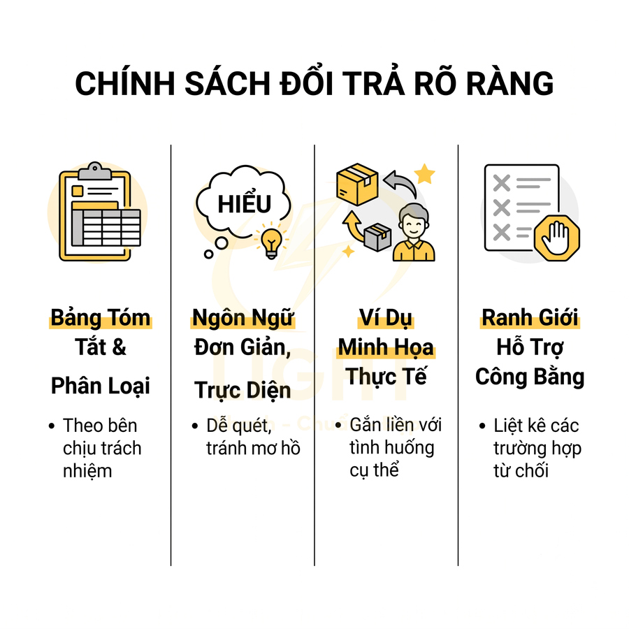 Chính sách đổi trả rõ ràng với bảng tóm tắt, ngôn ngữ đơn giản, ví dụ minh họa và ranh giới hỗ trợ công bằng
