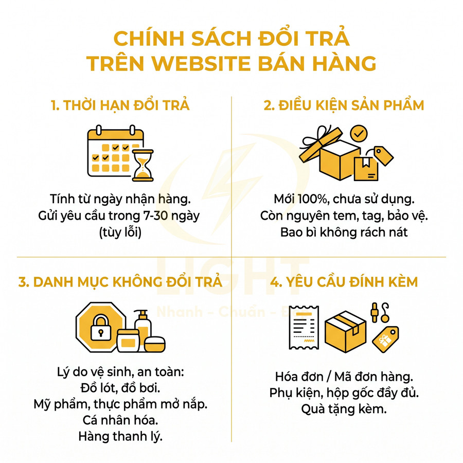 Chính sách đổi trả sản phẩm trên website bán hàng với thời hạn, điều kiện, danh mục không đổi và yêu cầu đính kèm