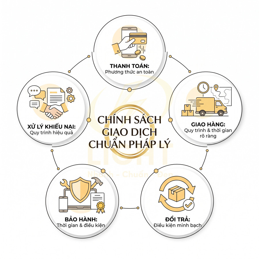 Chính sách giao dịch chuẩn pháp lý với quy trình thanh toán, giao hàng, bảo hành, đổi trả và xử lý khiếu nại