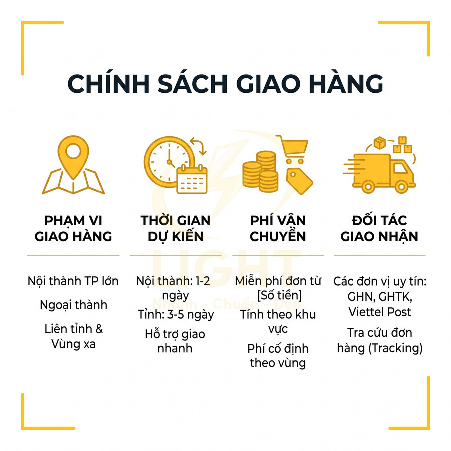 Chính sách giao hàng sản phẩm với phạm vi, thời gian dự kiến, phí vận chuyển và đối tác giao nhận uy tín