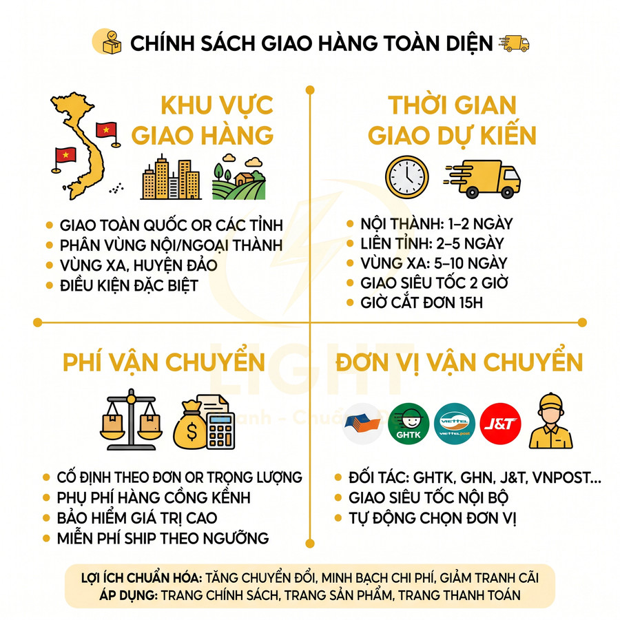 Chính sách giao hàng toàn diện với khu vực, thời gian, phí vận chuyển và đối tác GHTK GHN J&T VNPost