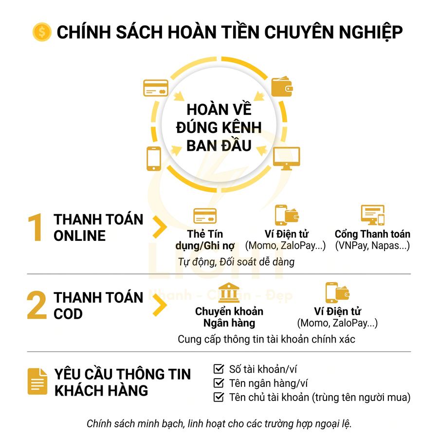 Chính sách hoàn tiền chuyên nghiệp, hoàn về đúng kênh ban đầu cho thanh toán online và COD, hỗ trợ thẻ, ví điện tử, chuyển khoản