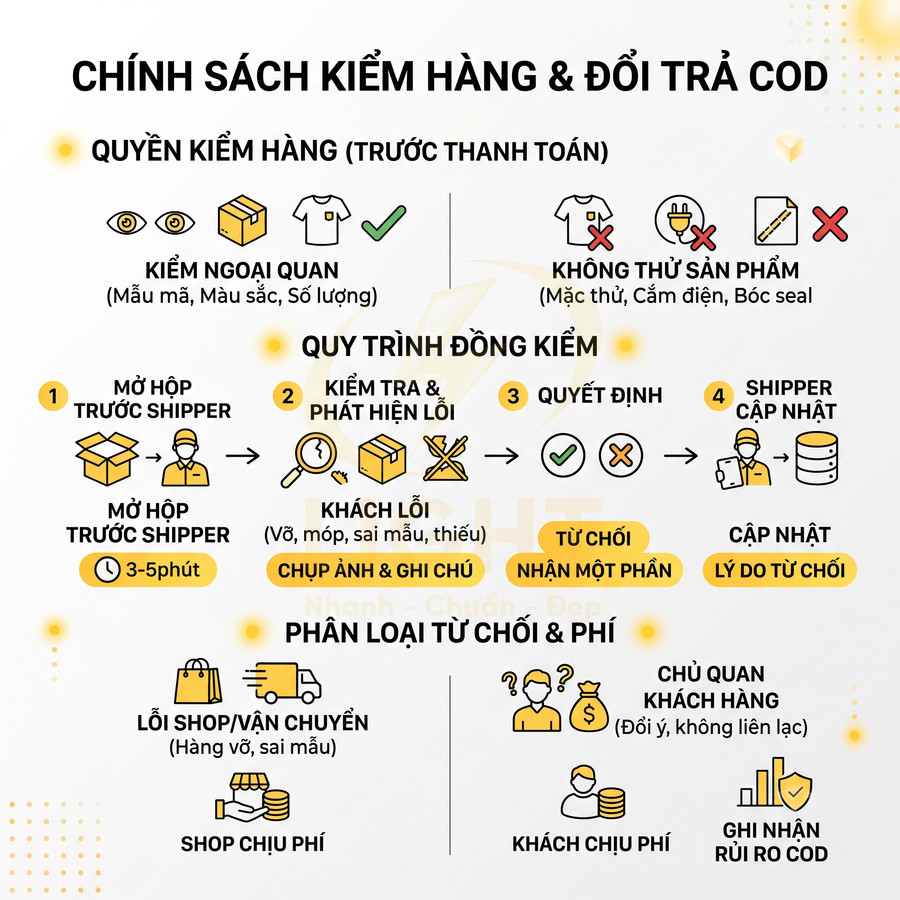 Chính sách kiểm hàng và đổi trả COD với quy trình đồng kiểm, phân loại lỗi shop và khách hàng