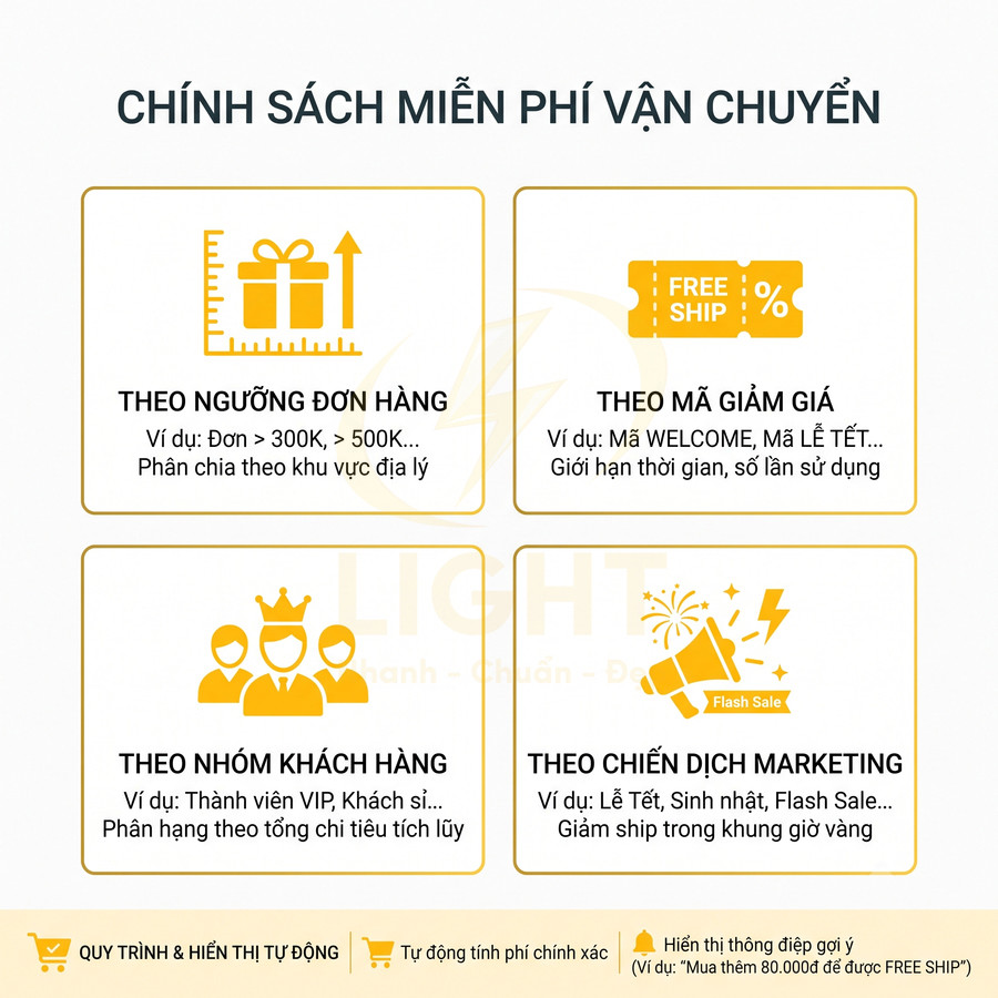 Chính sách miễn phí vận chuyển theo ngưỡng đơn hàng, mã giảm giá, nhóm khách hàng và chiến dịch marketing