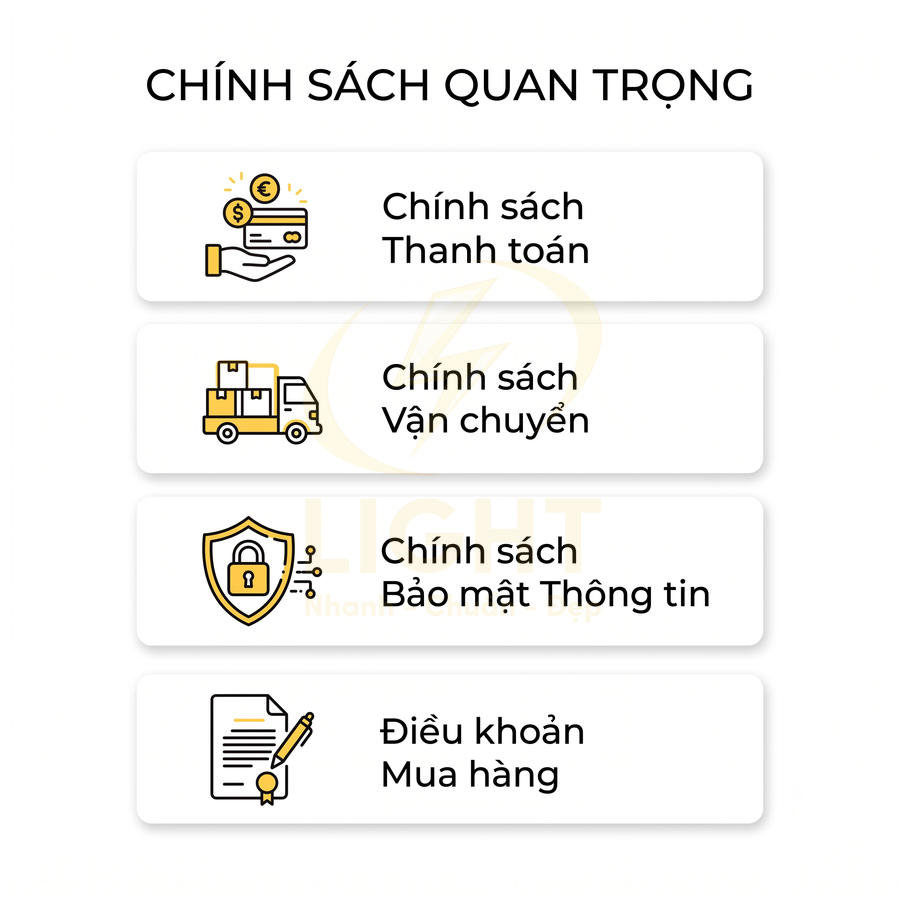 Chính sách quan trọng của shop gồm thanh toán, vận chuyển, bảo mật thông tin và điều khoản mua hàng
